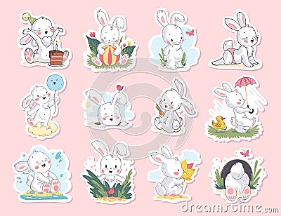 Vector set of beautiful children stickers with cute little white bunny character sitting, smiling, walking isolated. Vector Illustration